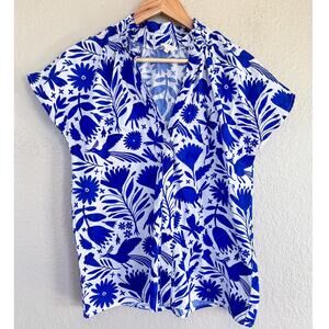 Women's Boutique Blue Floral Printed Blouse XS 100% Cotton Split Neck Cap Sleeve